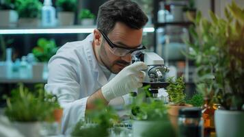 ai generado científico investigando en laboratorio ,experimento acerca de planta establecido proteína , alternativa fuente de comida . foto