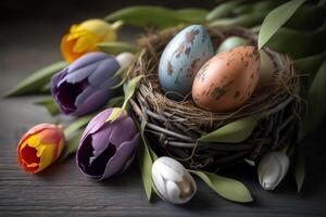 AI generated Colorful pockmarked easter eggs in bird nest with colorful tulips on wooden table. Greeting card for Easter holidays. photo