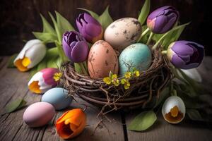 AI generated Easter decor composition with colored pockmarked eggs in bird nest and colorful tulips around on wooden table. Greeting card for Easter holidays. photo