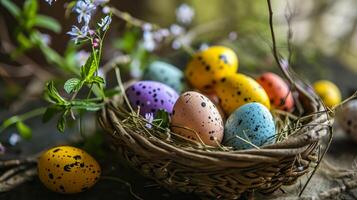 ai generado vistoso pintado punteado Pascua de Resurrección huevos en mimbre cesta me gusta pájaro nido en pie en suelo al aire libre, verde plantas y Violeta pequeño flores alrededor en antecedentes. tarjeta postal para Pascua de Resurrección vacaciones. foto