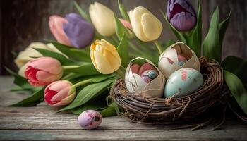 AI generated Easter decor composition with colorful eggs in wicker bird nest and colorful tulips on wooden table. Greeting card for Easter holidays. photo