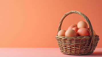 AI generated Wicker basket full of beige brown chicken eggs on peach pink background. Banner with copy space for fresh farm food market. Easter holidays. photo