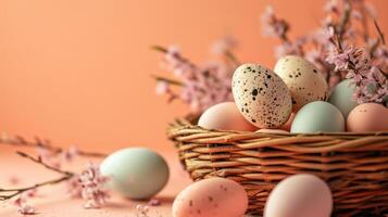 AI generated Pastel colorful pockmarked easter eggs in wicker basket with bloome pink sakura branches. Greeting card for Easter holidays with copy space on peach color background. photo