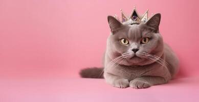 AI generated Banner with british blue cat wearing golden crown laying on pink solid background with copy space. Fashion beauty for pets. Royal pleasure. photo