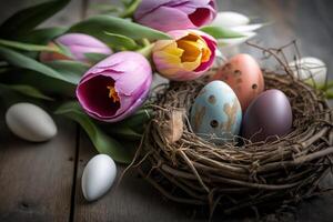 AI generated Greeting card for Easter holidays with colorful easter eggs in bird nest and colorful tulips on wooden table. Spring season. photo