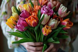 AI generated Large bouquet of colorful tulips is held by a young woman, unrecognizable, no face. Celebration. Flowers design, florist. Delivery. Gift for 8 march, holidays, birthday, date. photo