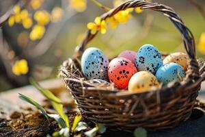 ai generado mimbre cesta con vistoso punteado pintado pollo Pascua de Resurrección huevos en pie en suelo al aire libre, naturaleza antecedentes con amarillo flores saludo tarjeta para Pascua de Resurrección vacaciones. foto