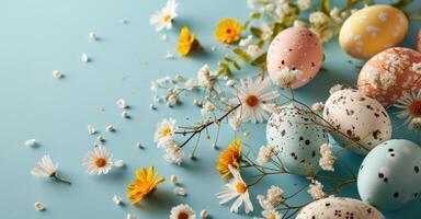 AI generated Colorful dotted painted pastel colors chicken easter eggs lying on solid light blue background with white small chamomiles and yellow flowers. Easter holidays concept. photo