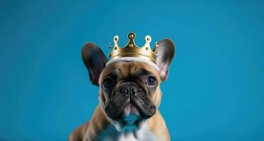 AI generated French Bulldog puppy portrait wearing golden king crown on his head, in center of blue solid banner background. Royal breed, king dog. Fashion beauty for pets. photo