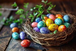 AI generated Colorful painted pockmarked many small easter eggs in wicker basket like bird nest on wooden table, green plant branch on background. Greeting card for Easter holidays. photo