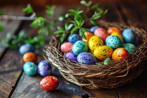 ai generado vistoso pintado picado de viruelas muchos pequeño Pascua de Resurrección huevos en mimbre cesta me gusta pájaro nido en de madera mesa, verde planta rama en antecedentes. saludo tarjeta para Pascua de Resurrección vacaciones. foto