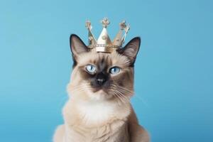 AI generated Portrait of siamese cat aka thai cat wearing golden crown on blue solid background. Brown-beige cat with blue eyes pretends to be a king. Fashion beauty for pets. photo