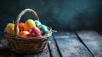 AI generated Colorful painted Easter eggs in wicker basket on dark wooden table and wall background with place for text. Greeting card for Easter holidays. photo