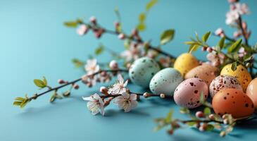 AI generated Colorful dotted painted pastel colors chicken easter eggs lying on solid light blue background with blooming sakura branches, pink flowers and green leaves. Easter holidays concept. photo