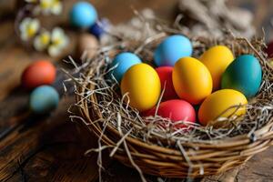 AI generated Colorful painted chicken easter eggs in wicker basket like bird nest on wooden table, flowered plant branch on background. Greeting card for Easter holidays. photo