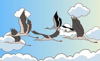 Illustration of migratory birds flying in cartoon style.vector illustration of migratory birds in the sky in nature landscape. vector