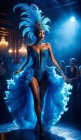 ai generado el mujer vestido en un azul traje, con un largo falda y un pluma fuente. ella es en pie en un escenario, rodeado por un azul ahumado fondo, generativo ai foto