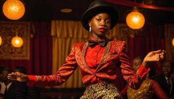 ai generado el africano mujer vistiendo un rojo vestir y un negro sombrero, en pie en un habitación con un rojo cortina., generativo ai foto