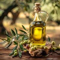 AI generated Virgin olives oil in bottle with olives twig photo