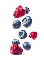 AI generated falling berries of raspberry and blueberries photo