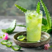 AI generated Fresh aloe vera leaves and aloe vera juice photo