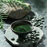 AI generated Spirulina ingredient supplement in plate photo