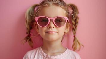 ai generado pequeño niña con Gafas de sol en pastel rosado antecedentes foto