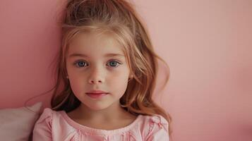 ai generado retrato de pequeño niña triste en pastel rosado antecedentes foto