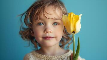 ai generado pequeño chico con un tulipán flor en su manos en pastel azul antecedentes foto