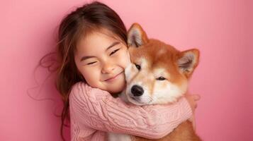 AI generated Little girl hugging your akita inu dog on pastel pink background photo