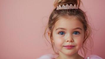 ai generado pequeño niña con un corona en su cabeza en pastel rosado antecedentes foto