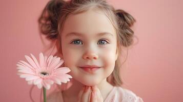 ai generado pequeño niña con un rosado flor en pastel rosado antecedentes foto