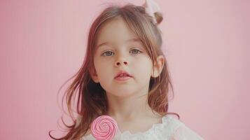 AI generated Little girl hold in your hand a pink lollipop on pastel pink background photo