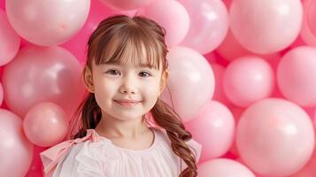 ai generado pequeño niña con muchos rosado globos en pastel rosado antecedentes foto