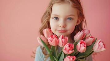 ai generado pequeño niña con un ramo de flores de tulipanes en pastel rosado antecedentes foto