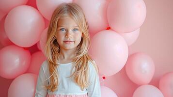 ai generado pequeño niña con muchos rosado globos en pastel rosado antecedentes foto