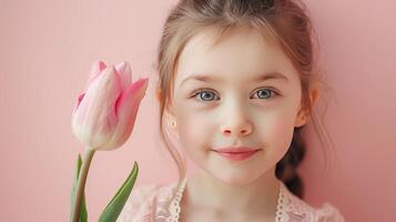 ai generado pequeño niña con un rosado tulipán flor en pastel rosado antecedentes foto