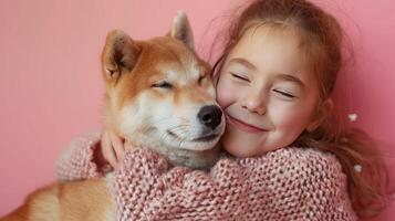 AI generated Little girl hugging your akita inu dog on pastel pink background photo