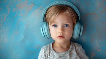 AI generated Little boy with big blue headphones on pastel blue background photo