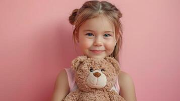 AI generated Little girl hugging stuffed toy on pastel pink background photo