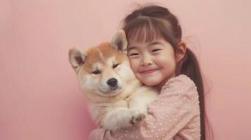 AI generated Little girl hugging your little akita inu dog on pastel pink background photo
