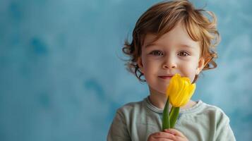 AI generated Little boy with a tulip flower in her hands on pastel blue background photo