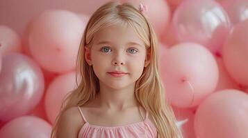 AI generated Little girl with many pink balloons on pastel pink background photo