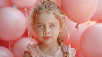 ai generado pequeño niña con muchos rosado globos en pastel rosado antecedentes foto