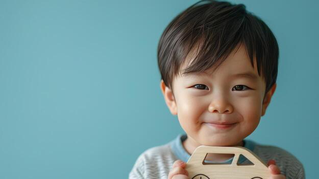 AI generated Little boy hugging car toy on pastel blue background photo