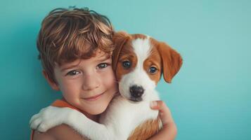 ai generado pequeño chico abrazando tu pequeño perro en pastel azul antecedentes foto