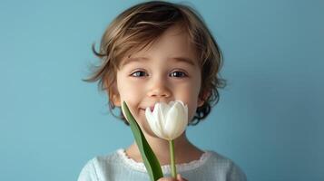 AI generated Little boy with a tulip flower in her hands on pastel blue background photo