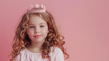 ai generado pequeño niña con un corona en su cabeza en pastel rosado antecedentes foto