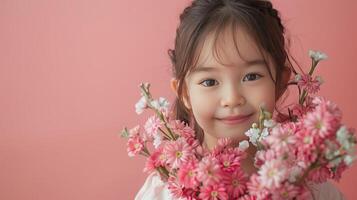 ai generado pequeño niña con un ramo de flores de rosado flores en pastel rosado antecedentes foto