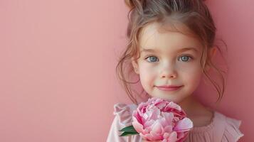 ai generado pequeño niña con un rosado peonía flor en pastel rosado antecedentes foto